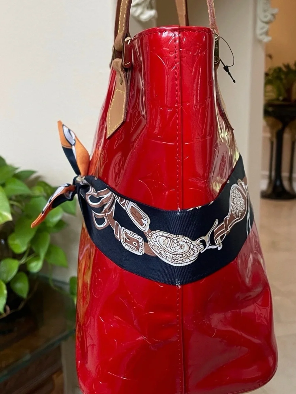 Louis Vuitton Red Patent Tote with Tan Handles